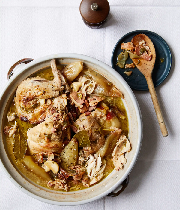 Braised rabbit with mustard and bacon
