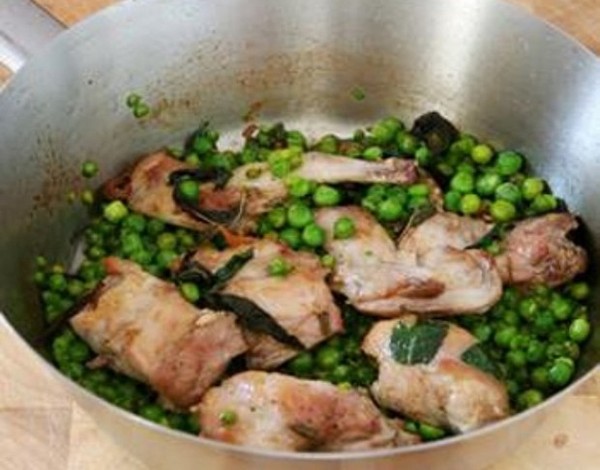 Braised rabbit with sage and peas