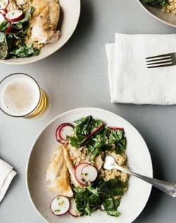 Braised rabbit w/tiny grains, radishes + tarragon sunflower seed rig