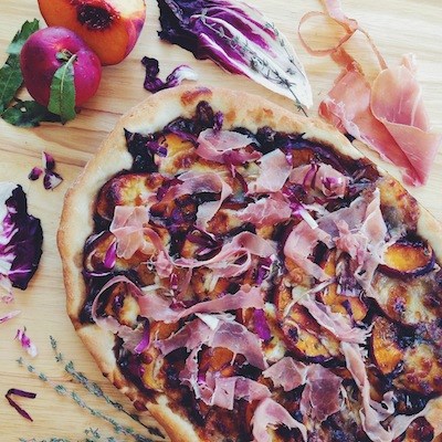 Braised radicchio, nectarine & burrata flatbread