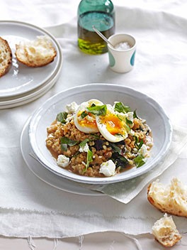 Braised rainbow silverbeet with brown rice, feta and egg