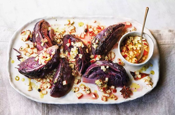 Braised red cabbage wedges with apple salsa
