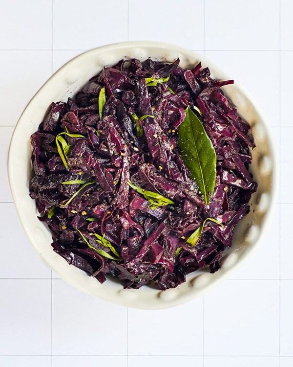Braised red cabbage with pickled walnuts and tarragon 