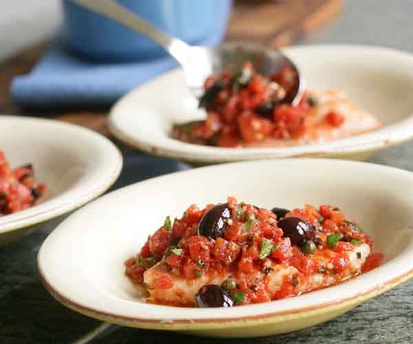 Braised red snapper puttanesca