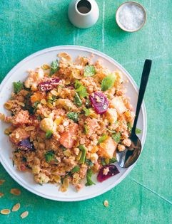 Braised root vegetable salad with chickpeas and couscous