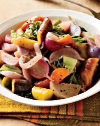 Braised root vegetables and cabbage with fall fruit