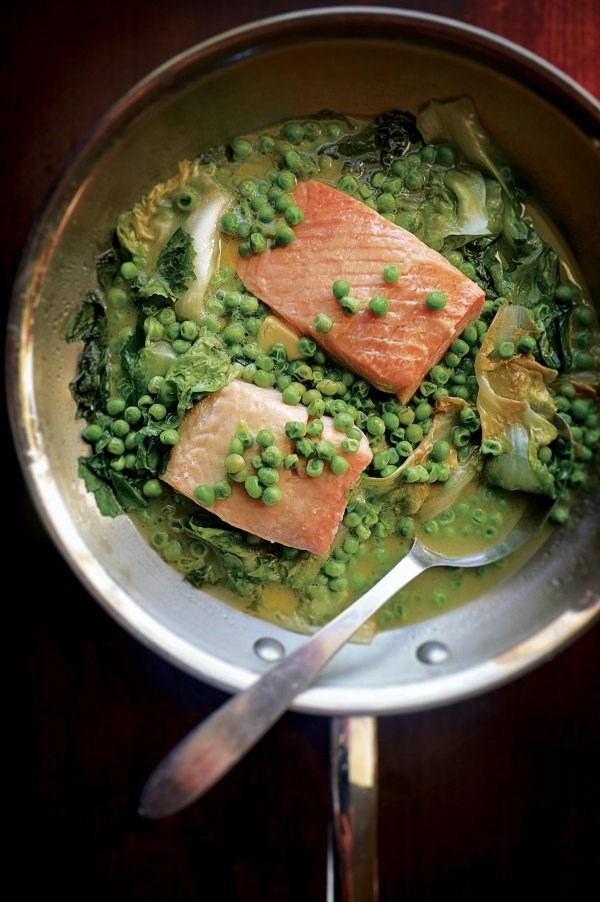 Braised salmon with escarole and peas