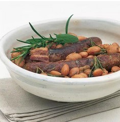 Braised sausages with borlotti beans, rosemary and sage