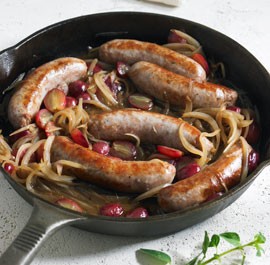 Braised sausages with grapes and balsamic-glazed onions