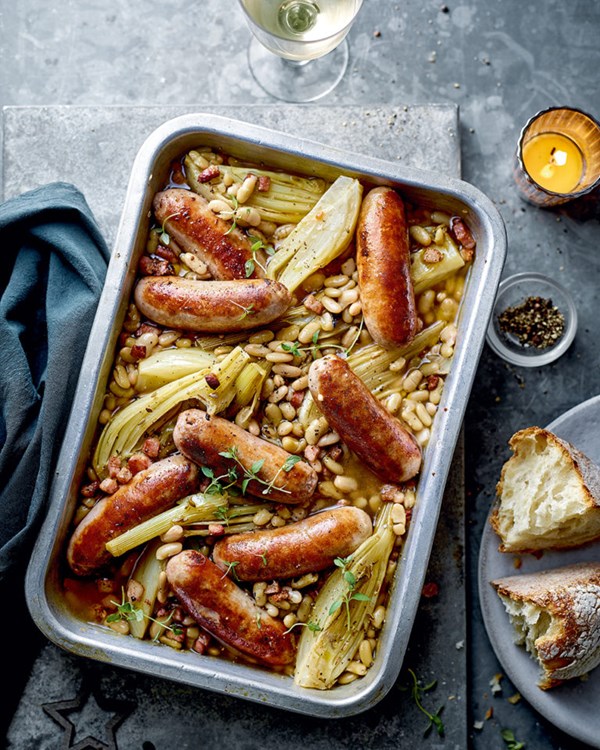 Braised sausages with lemon, fennel and flageolet beans