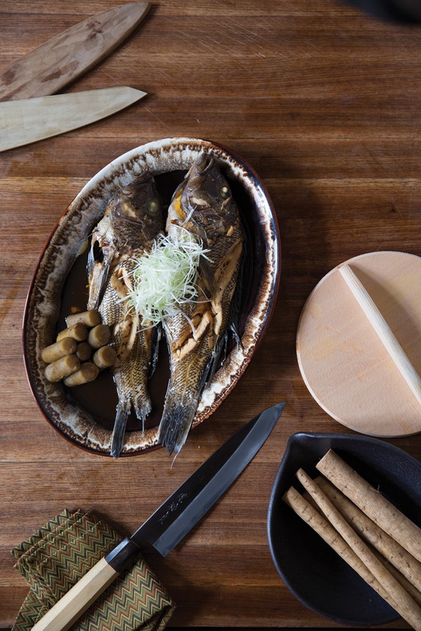 Braised sea bass with burdock (Sakana nitzuke)