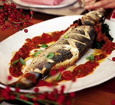 Braised sea bass with spinach