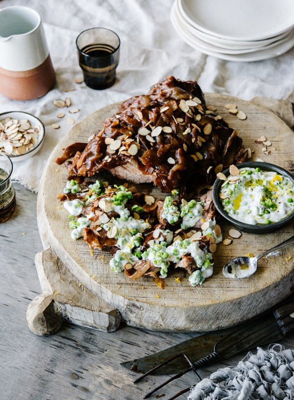 Braised shoulder of lamb with crushed pea salsa