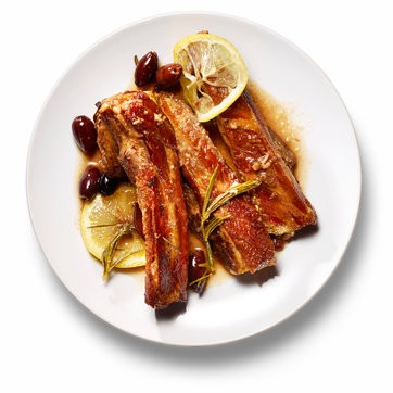 Braised spare ribs with lemon, olives, and rosemary