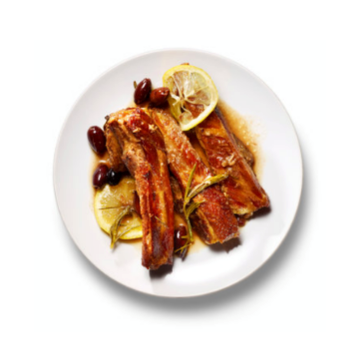 Braised spare ribs with lemons, olives, and rosemary