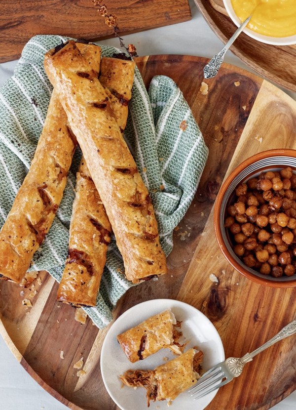Braised spiced pork rolls, roasted buttered chickpeas & butternut yoghurt sauce