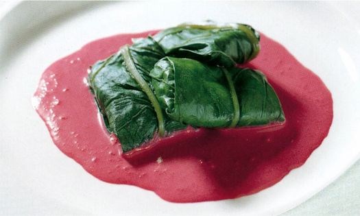 Braised spinach parcels of feta, green pepper and caramelized onion with a sweet-spiced beetroot cream