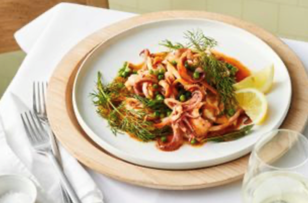 Braised squid with wild fennel and peas [Julieanne Blum]