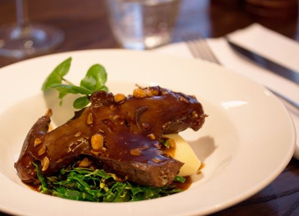 Braised squirrel, horseradish mash, sprout tops and hazelnut jus