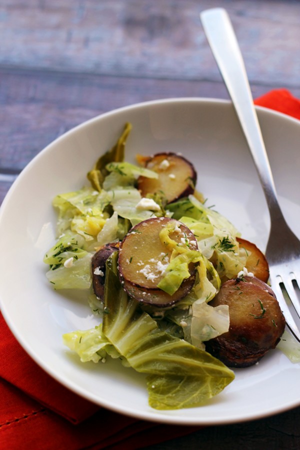 Braised summer cabbage with fried potatoes, feta, and dill