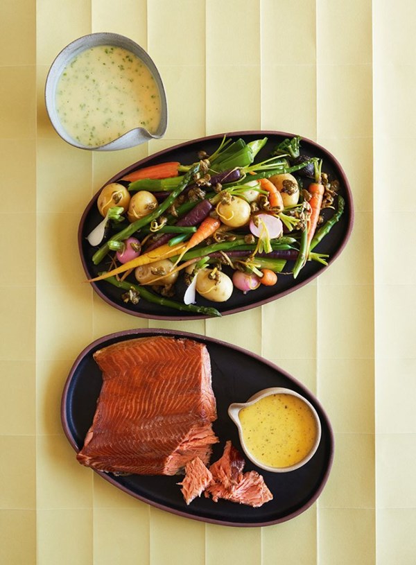 Braised summer vegetables with Vutter beurre blanc, native bush hollandaise and pōhutukawa-smoked salmon