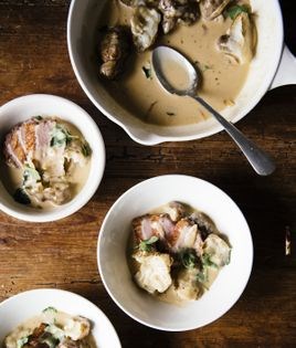 Braised sunchokes with almonds, cream, sherry, parsley, and duck breast