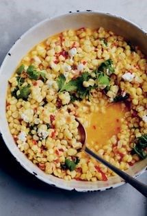 Braised sweet corn, chile, cilantro, feta & lime
