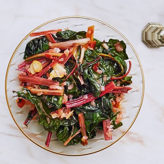 Braised Swiss chard with bacon and hot sauce