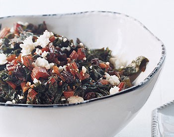 Braised Swiss chard with currants and feta