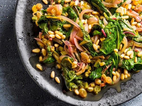 Braised Swiss chard with raisins and pine nuts