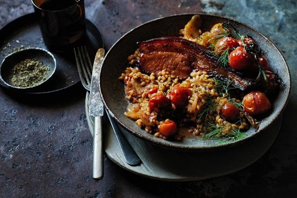 Braised thick-cut bacon with barley, fennel and tomato