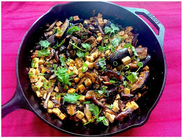 Braised tofu with eggplant and shiitakes 