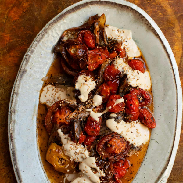 Braised tomatoes with tahini sauce