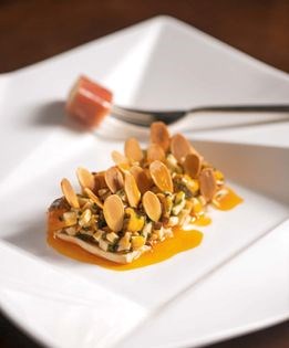 Braised trumpet royale salad with bouchot mussels and harissa vinaigrette