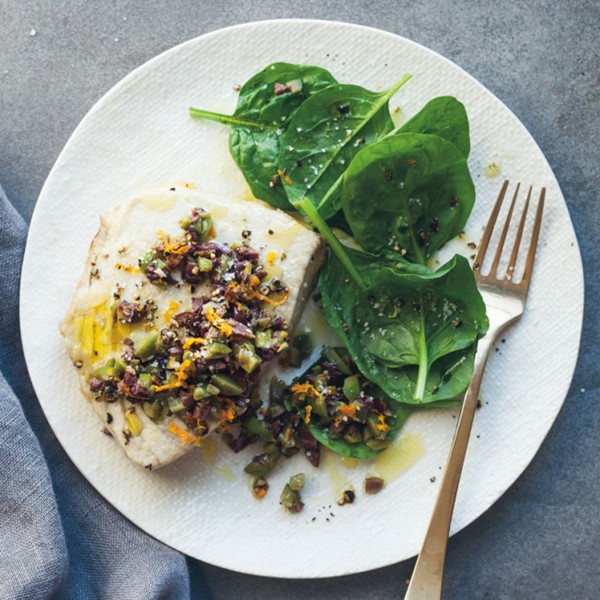 Braised tuna with olive relish & spinach