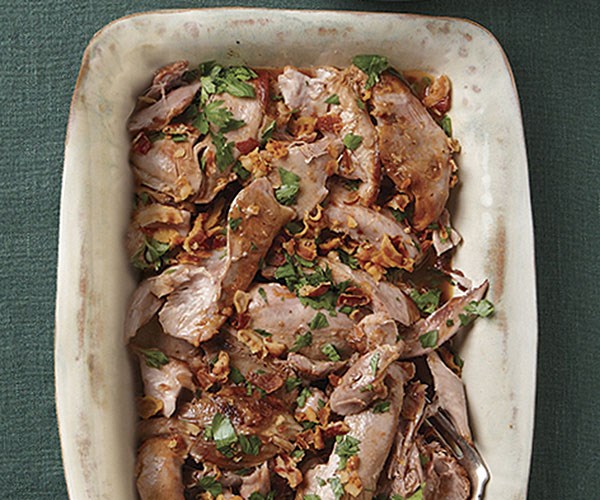 Braised turkey legs with crisp pancetta and parsley