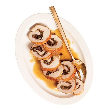 Braised turkey roulade with pancetta, shallots, and porcini gravy