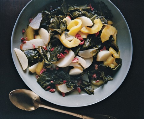 Braised turnip greens with turnips and apples