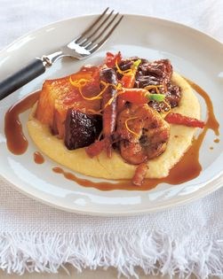 Braised veal cheeks with Meyer lemon, bacon, and crisp sweetbreads