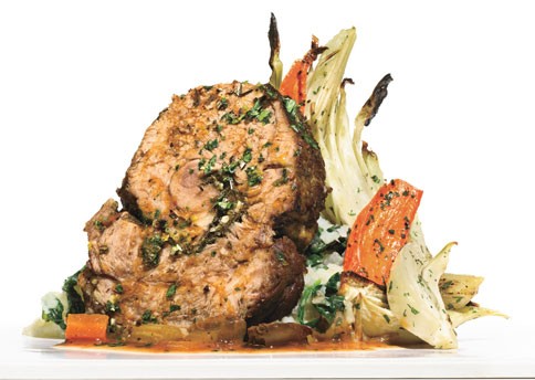 Braised veal shoulder with gremolata and tomato-olive sauce