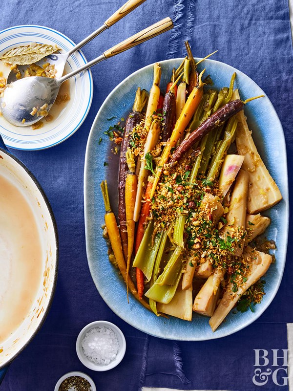 Braised vegetables and caramelized leeks