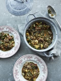 Braised venison sausages, Puy lentils and chard
