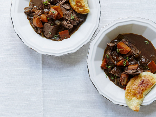 Braised venison shoulder with mushroom pierogi