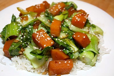 Braised winter squash with black bean sauce and bok choy