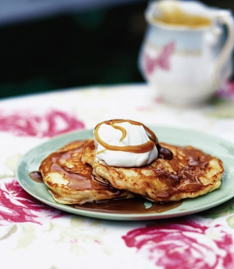 Bramley apple pancakes with toffee sauce and yogurt