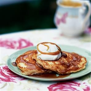 Bramley apple pancakes with toffee sauce and yogurt