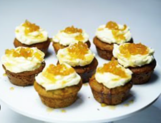 Bran and brown rice carrot muffins with ginger icing