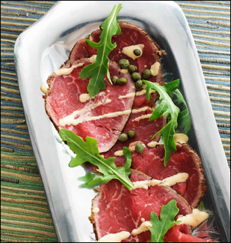 Branding iron beef with smoked tomato drizzle