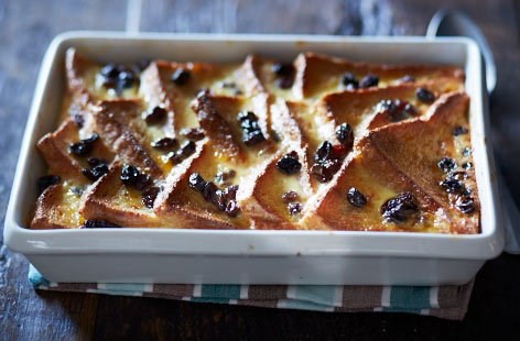 Brandy and raisin bread and butter pudding