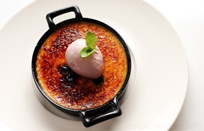 Brandy poached raspberry and mascarpone crème brûlée